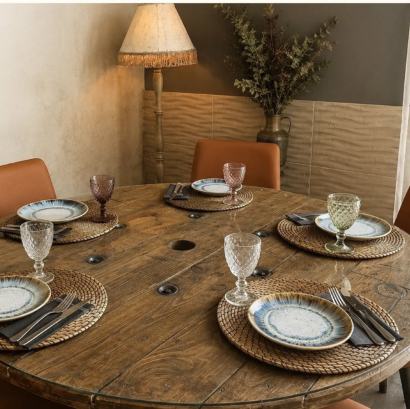 Mesa de La Loli servida: platos de cerámica, copas de cristal y madera natural